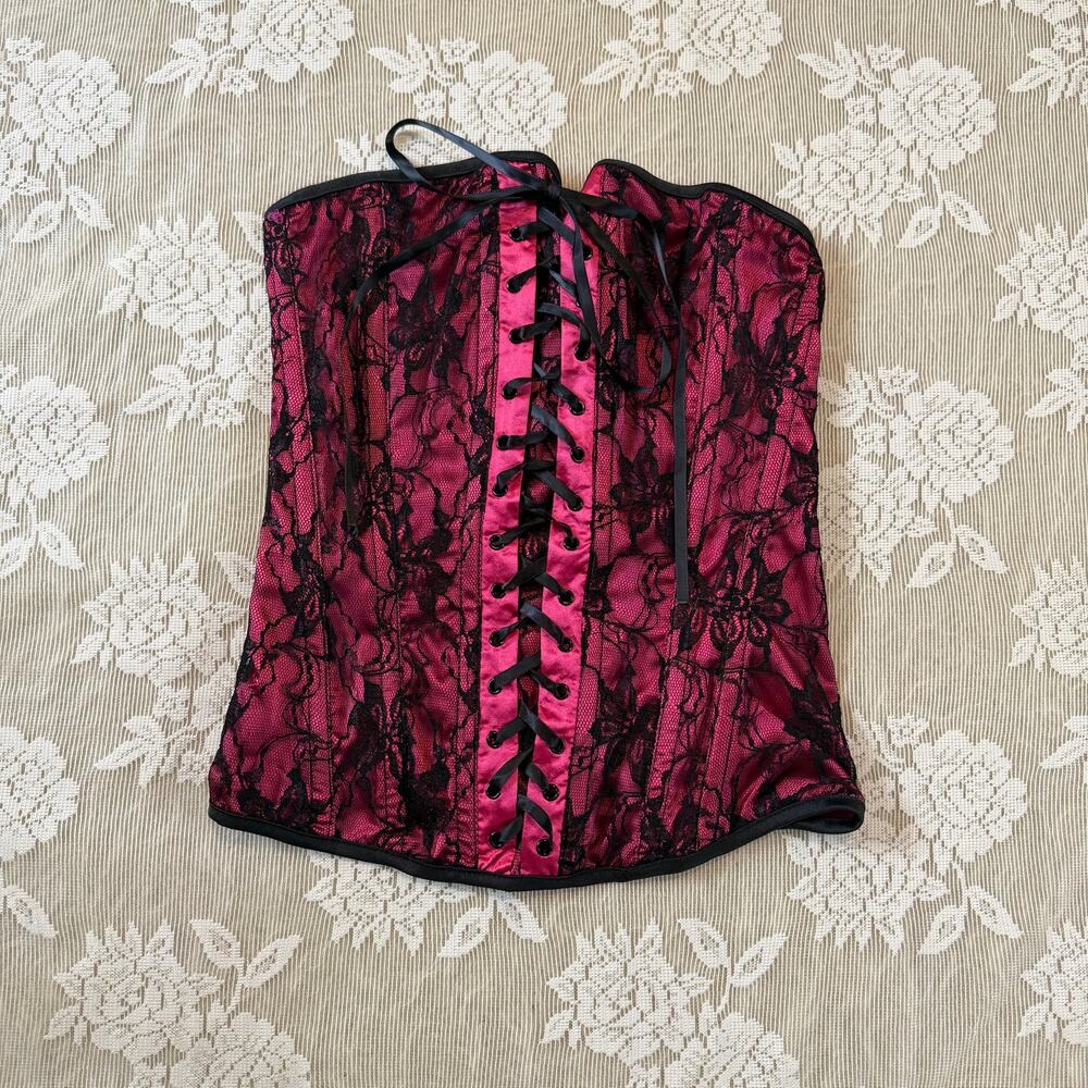Charlotte Russe Pink & Black Lace Corset Top Size XS
